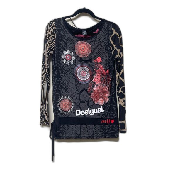 DESIGUAL Long Sleeve Animal Print Tie Hem T-Shirt, Black, Sz S - Picture 1 of 8